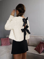 Sequin Jacket Cropped White Women's Velvet Bow Detail – Party, Office, Evening, Gift