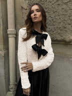 Sequin Jacket Cropped White Women's Velvet Bow Detail – Party, Office, Evening, Gift