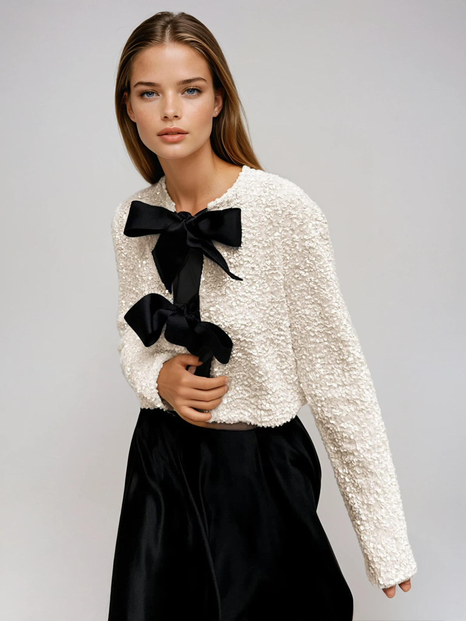 Sequin Jacket Cropped White Women's Velvet Bow Detail – Party, Office, Evening, Gift