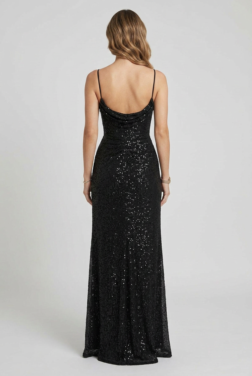 Sequin Maxi Dress Black Women's Sweetheart Neck High Split Gown – Wedding, Evening, Formal, Gift