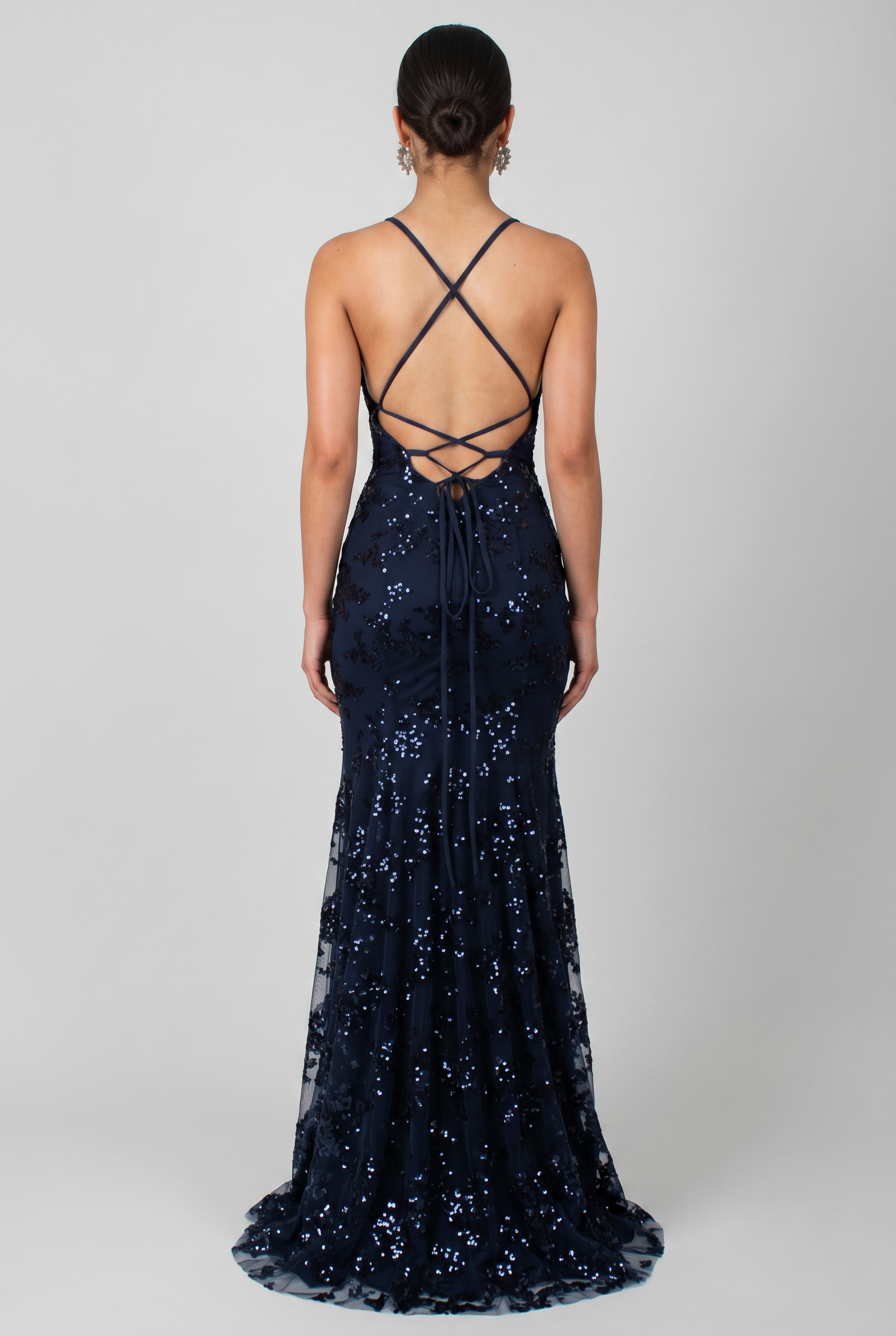 Sequin Maxi Dress Navy V-Neck Women's Fishtail Gown – Wedding Guest, Prom, Evening, Occasion