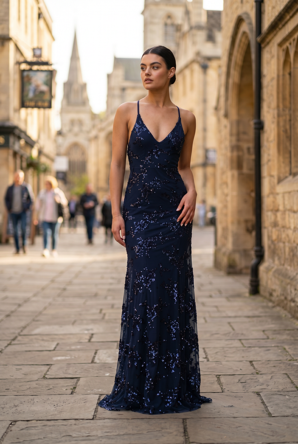 Sequin Maxi Dress Navy V-Neck Women's Fishtail Gown – Wedding Guest, Prom, Evening, Occasion