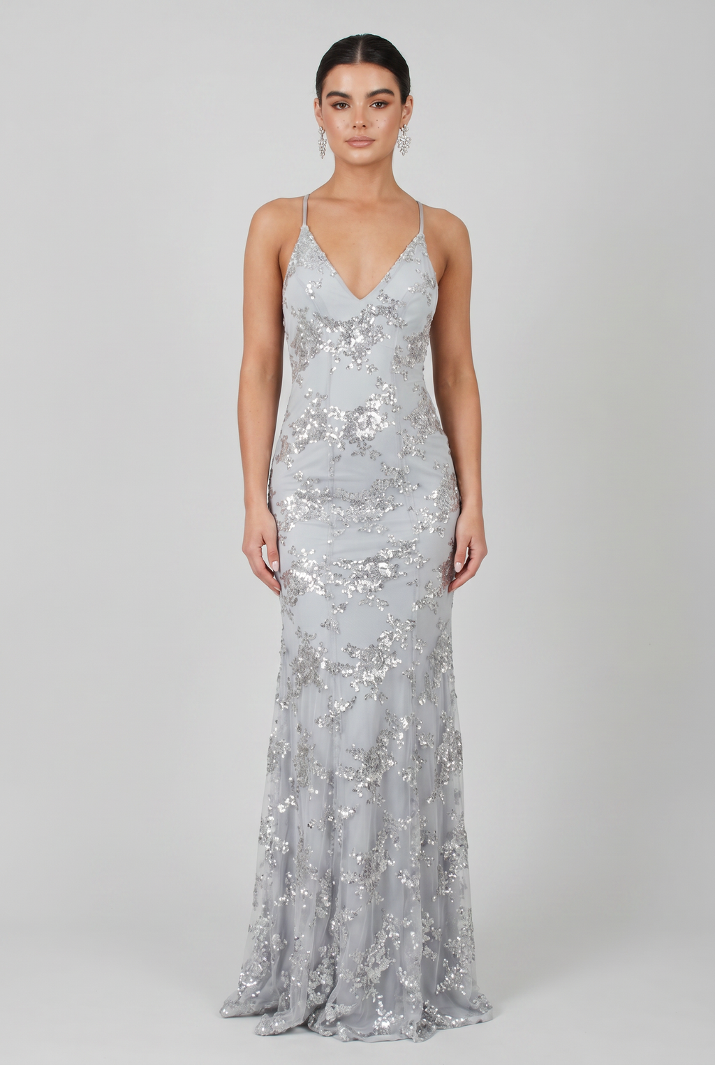 Sequin Maxi Dress Navy V-Neck Women's Fishtail Gown – Wedding Guest, Prom, Evening, Occasion