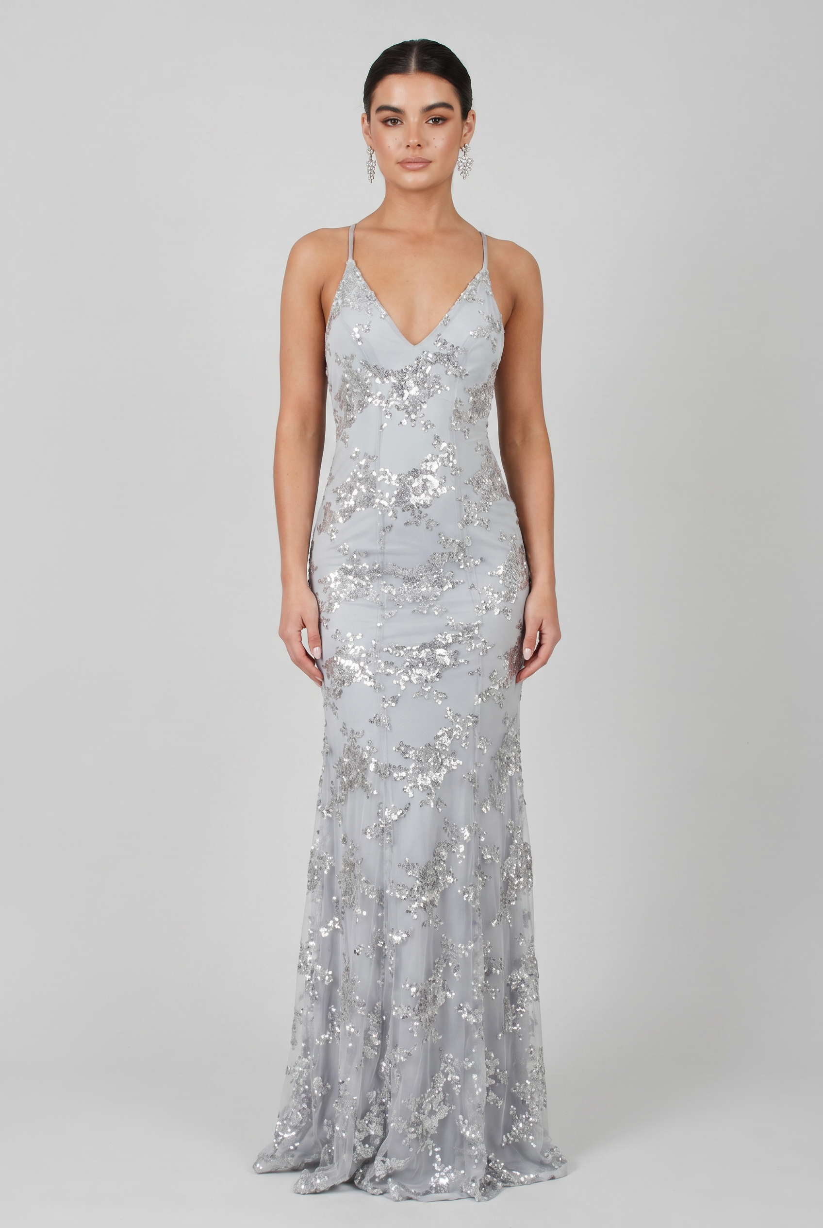 Sequin Maxi Dress Navy V-Neck Women's Fishtail Gown – Wedding Guest, Prom, Evening, Occasion