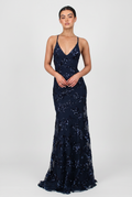 Sequin Maxi Dress Navy V-Neck Women's Fishtail Gown – Wedding Guest, Prom, Evening, Occasion