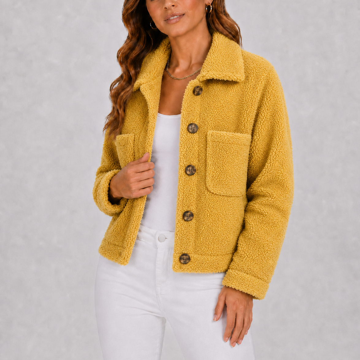 Sherpa Fleece Jacket Black Women's Button-Up Shacket with Pockets – Casual, Autumn Layering, Gift