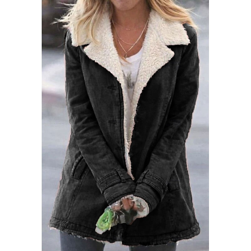 Sherpa Lined Jacket Grey Women's Warm Lapel Coat – Casual, Winter Outerwear, Gift