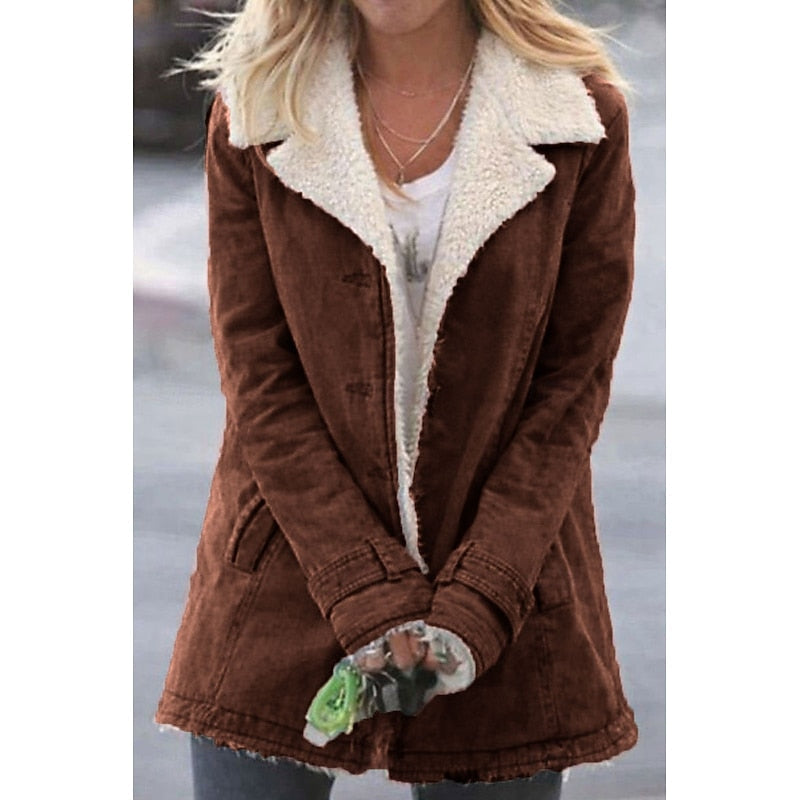 Sherpa Lined Jacket Grey Women's Warm Lapel Coat – Casual, Winter Outerwear, Gift