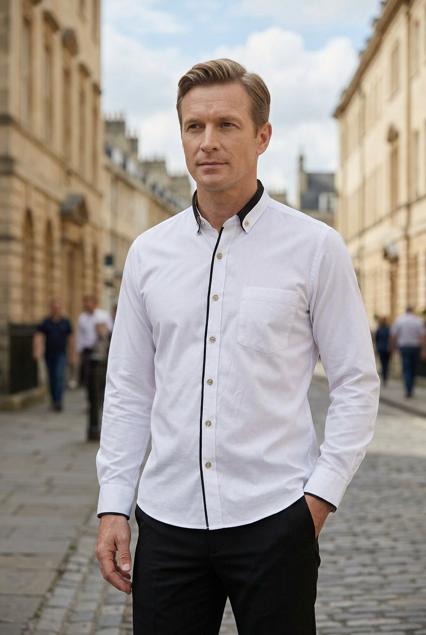 Shirt Cotton White Men's Button-Down Contrast Collar Long Sleeve – Office, Casual