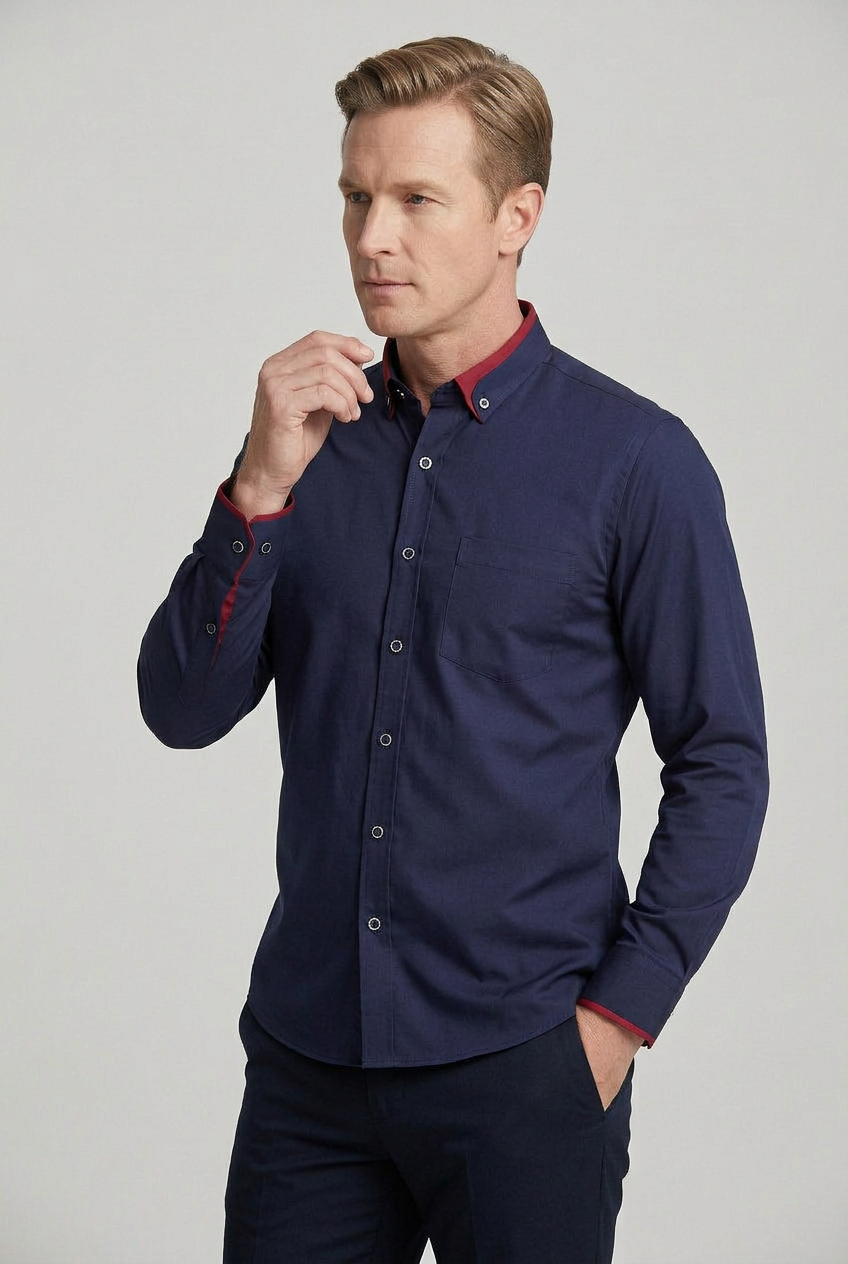 Shirt Cotton White Men's Button-Down Contrast Collar Long Sleeve – Office, Casual