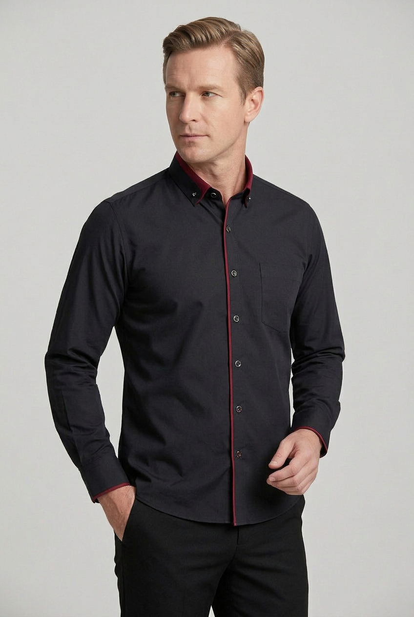 Shirt Cotton White Men's Button-Down Contrast Collar Long Sleeve – Office, Casual