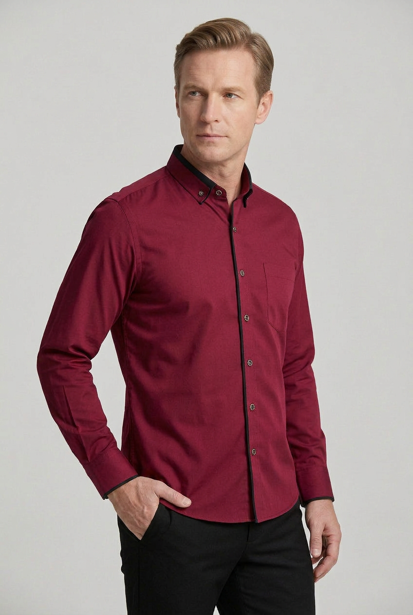 Shirt Cotton White Men's Button-Down Contrast Collar Long Sleeve – Office, Casual