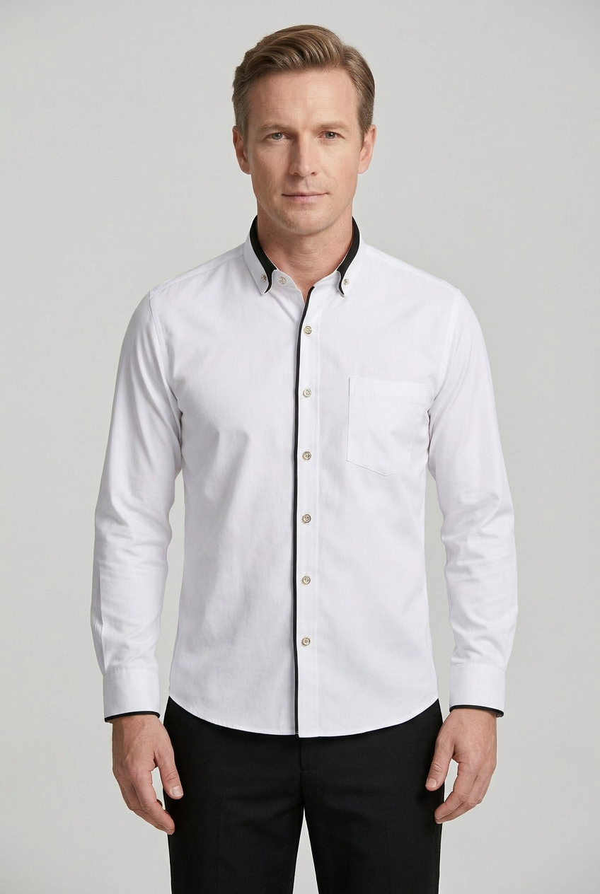 Shirt Cotton White Men's Button-Down Contrast Collar Long Sleeve – Office, Casual
