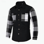 Shirt Jacket Black Grey Plaid Patchwork Men's Long Sleeve Button-Up Overshirt – Casual, Office, Gift