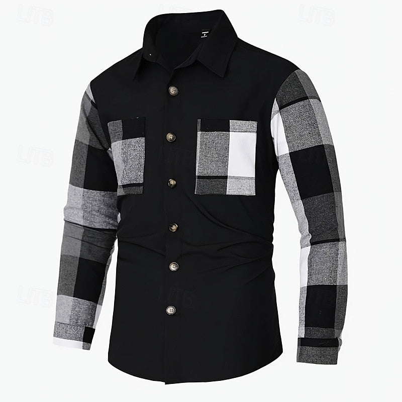 Shirt Jacket Black Grey Plaid Patchwork Men's Long Sleeve Button-Up Overshirt – Casual, Office, Gift