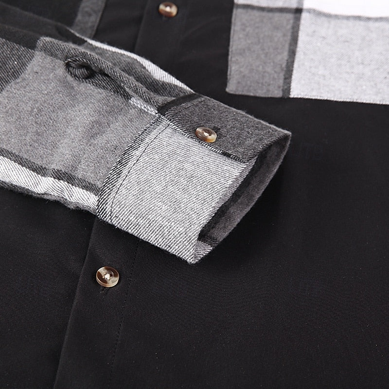 Shirt Jacket Black Grey Plaid Patchwork Men's Long Sleeve Button-Up Overshirt – Casual, Office, Gift