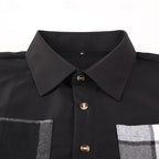 Shirt Jacket Black Grey Plaid Patchwork Men's Long Sleeve Button-Up Overshirt – Casual, Office, Gift