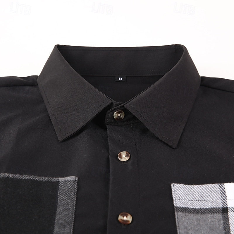 Shirt Jacket Black Grey Plaid Patchwork Men's Long Sleeve Button-Up Overshirt – Casual, Office, Gift