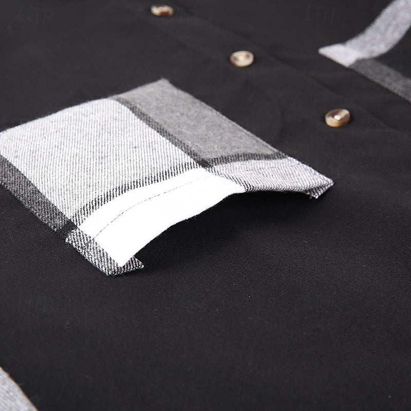 Shirt Jacket Black Grey Plaid Patchwork Men's Long Sleeve Button-Up Overshirt – Casual, Office, Gift