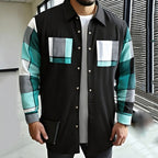 Shirt Jacket Black Grey Plaid Patchwork Men's Long Sleeve Button-Up Overshirt – Casual, Office, Gift