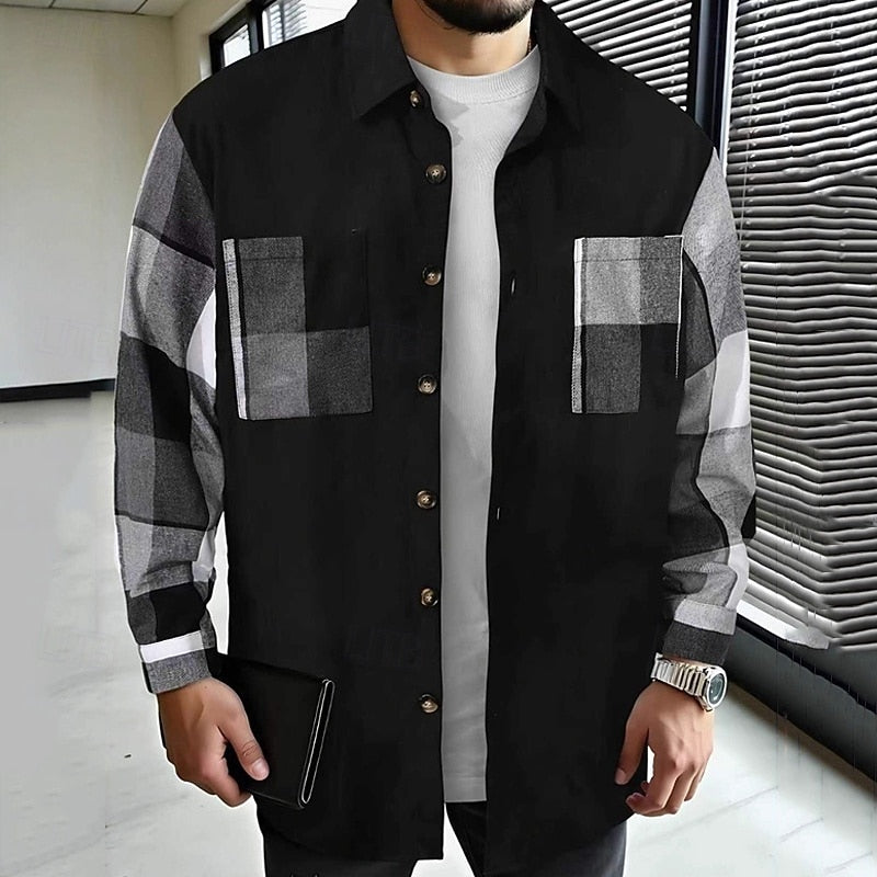 Shirt Jacket Black Grey Plaid Patchwork Men's Long Sleeve Button-Up Overshirt – Casual, Office, Gift