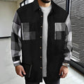 Shirt Jacket Black Grey Plaid Patchwork Men's Long Sleeve Button-Up Overshirt – Casual, Office, Gift