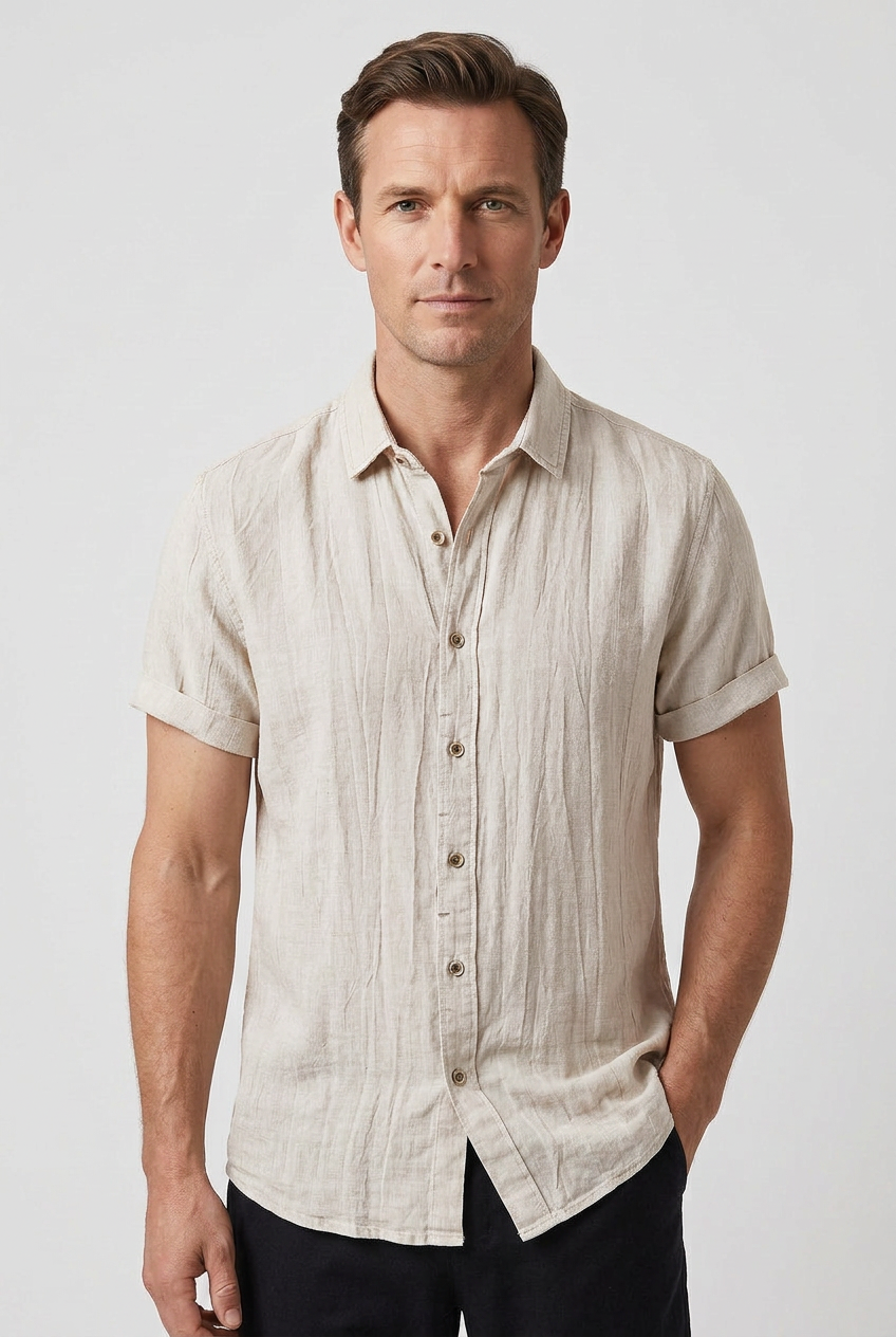 Short Sleeve Shirt Grey Linen Men's Button Down Collared – Casual, Holiday · Werune