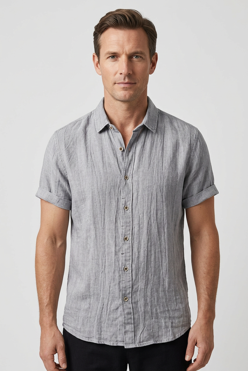 Short Sleeve Shirt Grey Linen Men's Button Down Collared – Casual, Holiday · Werune