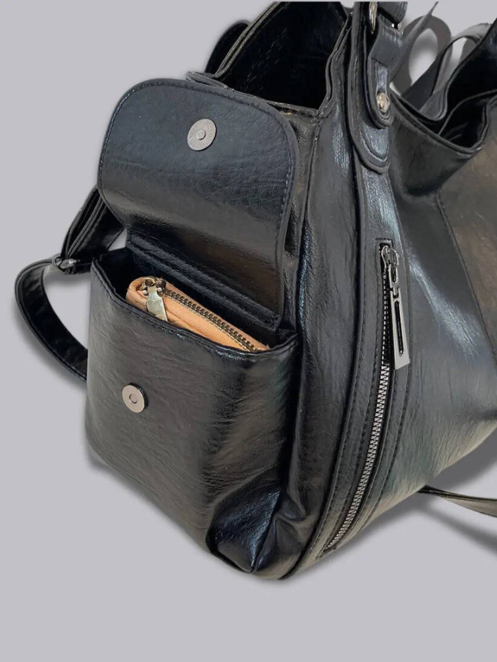 Shoulder Bag Faux Leather Black Multi-Pocket Women's Handbag – Casual, Office, Everyday, Gift