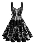 Skeleton Print A-Line Dress Black Lace-Up Women's Sleeveless – Halloween, Party, Gothic Costume