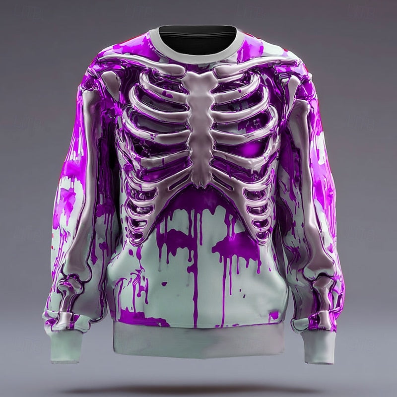 Skeleton Sweatshirt Men's 3D Print Crew Neck Long Sleeve Pullover – Halloween, Casual, Costume, Gift