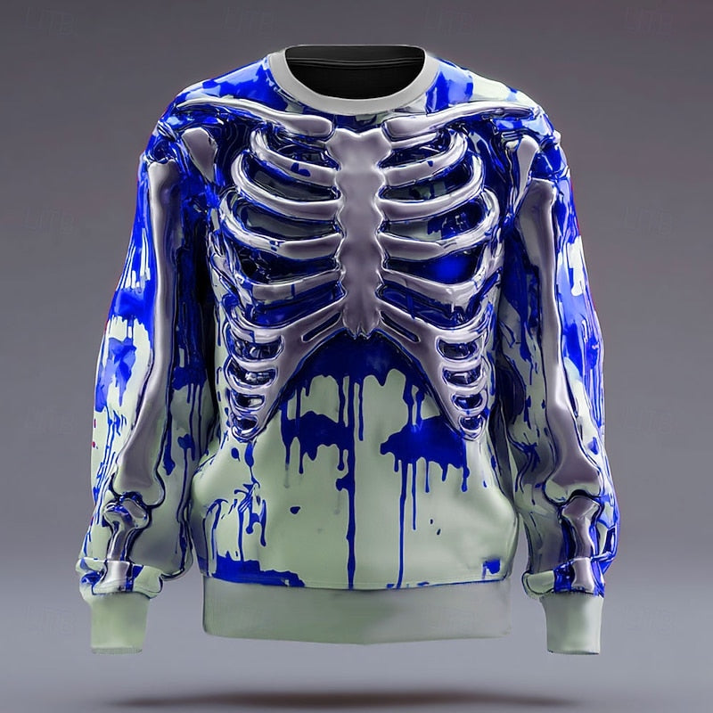 Skeleton Sweatshirt Men's 3D Print Crew Neck Long Sleeve Pullover – Halloween, Casual, Costume, Gift