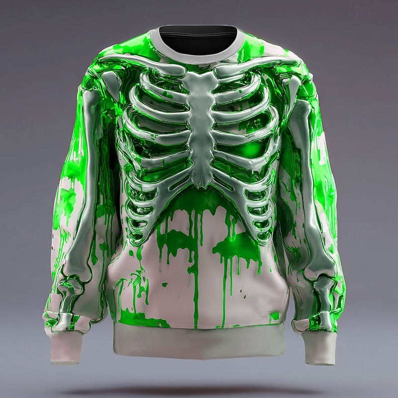 Skeleton Sweatshirt Men's 3D Print Crew Neck Long Sleeve Pullover – Halloween, Casual, Costume, Gift