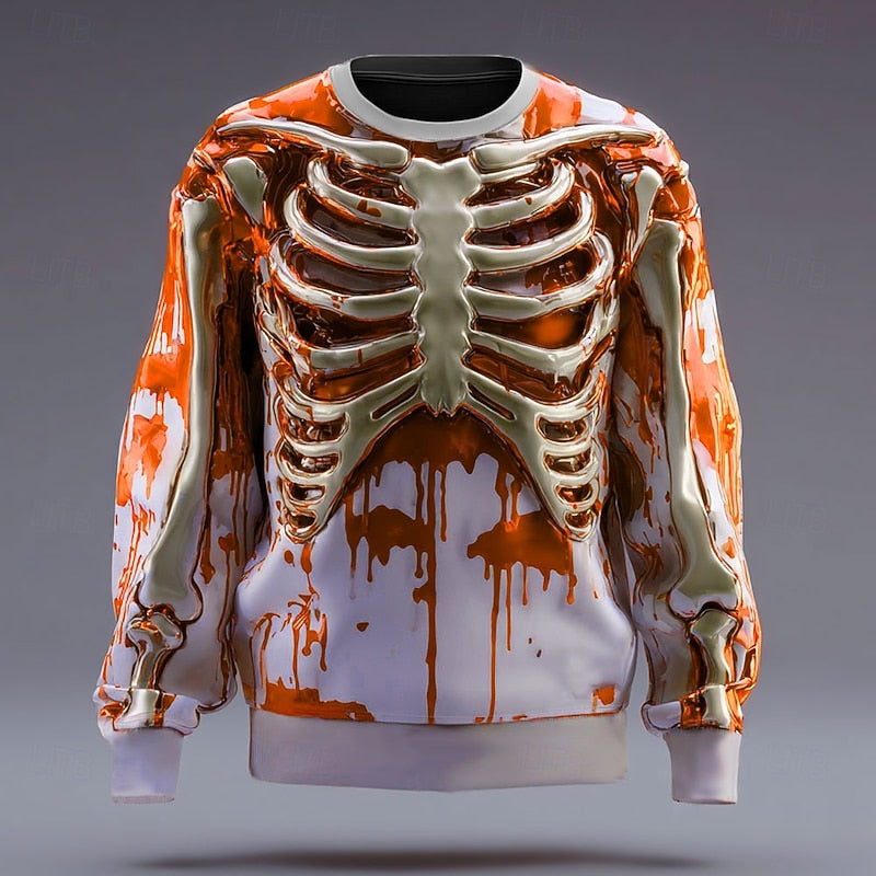 Skeleton Sweatshirt Men's 3D Print Crew Neck Long Sleeve Pullover – Halloween, Casual, Costume, Gift