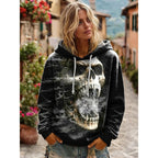 Skull Print Hoodie Grey Women's Drawstring Hooded Sweatshirt – Casual, Halloween Gift