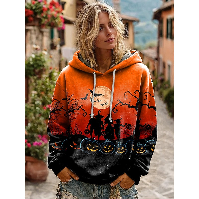 Skull Print Hoodie Grey Women's Drawstring Hooded Sweatshirt – Casual, Halloween Gift