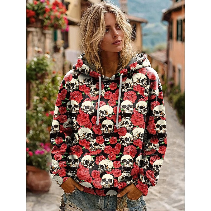 Skull Print Hoodie Grey Women's Drawstring Hooded Sweatshirt – Casual, Halloween Gift