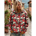 Skull Print Hoodie Grey Women's Drawstring Hooded Sweatshirt – Casual, Halloween Gift
