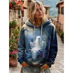 Skull Print Hoodie Grey Women's Drawstring Hooded Sweatshirt – Casual, Halloween Gift