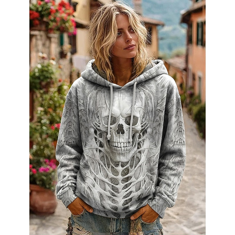 Skull Print Hoodie Grey Women's Drawstring Hooded Sweatshirt – Casual, Halloween Gift