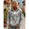Skull Print Hoodie Grey Women's Drawstring Hooded Sweatshirt – Casual, Halloween Gift