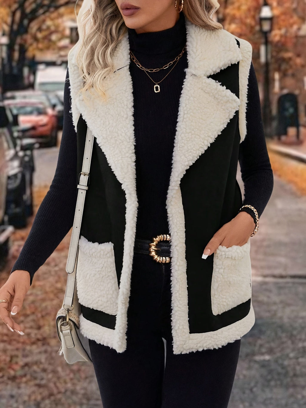 Sleeveless Fleece Vest Women's Faux Suede Lapel Gilet with Pockets – Casual, Winter, Everyday, Gift