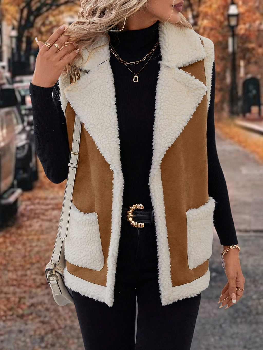 Sleeveless Fleece Vest Women's Faux Suede Lapel Gilet with Pockets – Casual, Winter, Everyday, Gift
