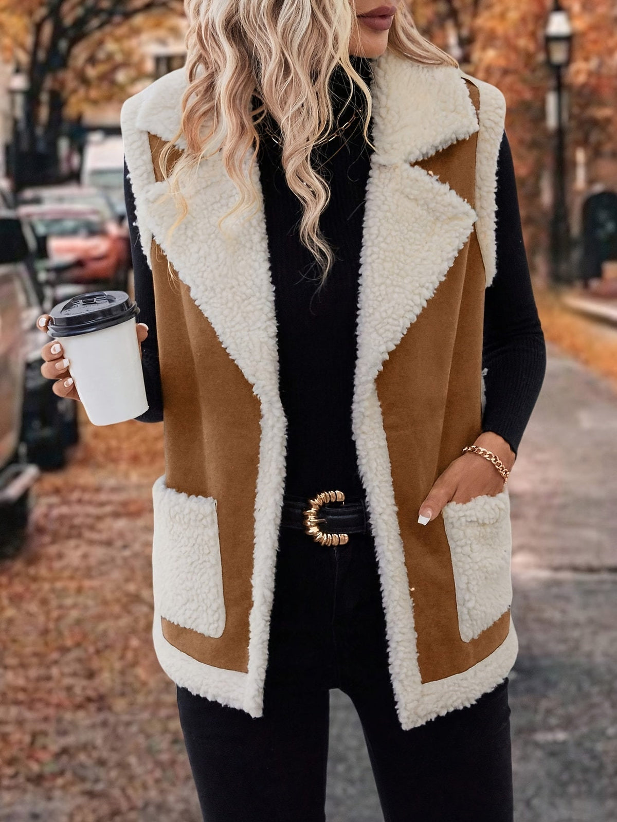 Sleeveless Fleece Vest Women's Faux Suede Lapel Gilet with Pockets – Casual, Winter, Everyday, Gift