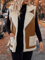 Sleeveless Fleece Vest Women's Faux Suede Lapel Gilet with Pockets – Casual, Winter, Everyday, Gift