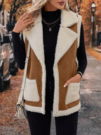 Sleeveless Fleece Vest Women's Faux Suede Lapel Gilet with Pockets – Casual, Winter, Everyday, Gift