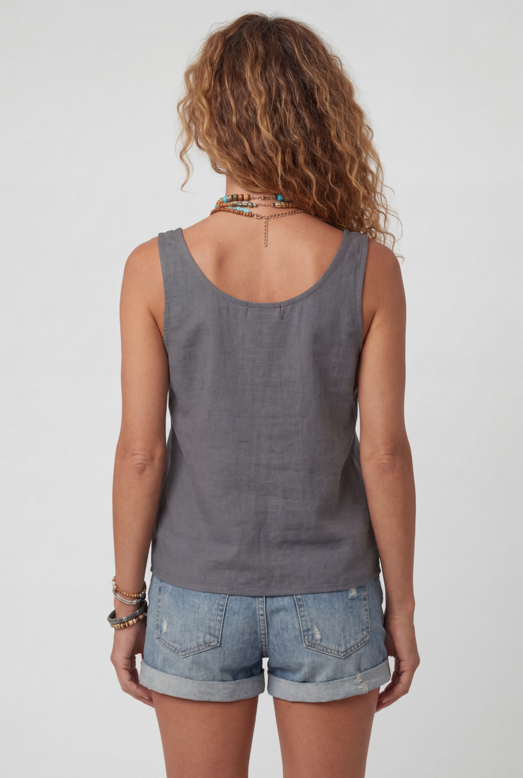 Sleeveless Tank Top Grey Linen-Blend Women's Button-Front with Pocket – Casual, Holiday