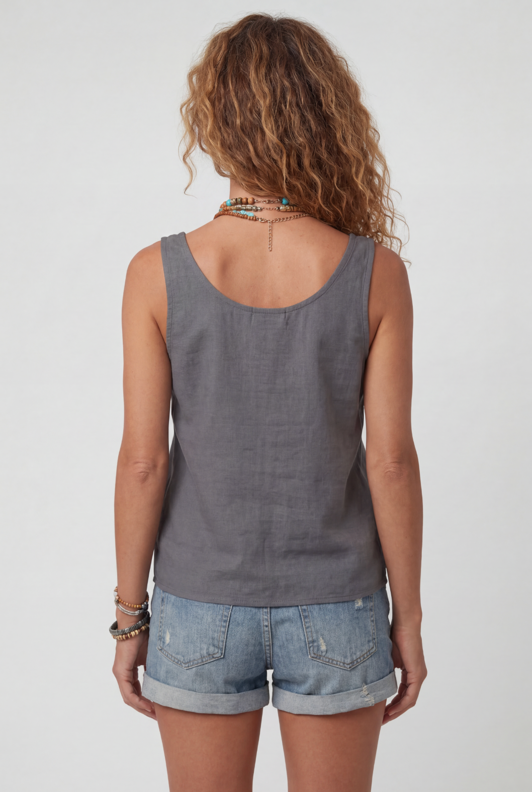 Sleeveless Tank Top Grey Linen-Blend Women's Button-Front with Pocket – Casual, Holiday