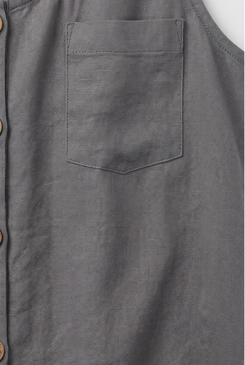 Sleeveless Tank Top Grey Linen-Blend Women's Button-Front with Pocket – Casual, Holiday