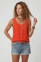 Sleeveless Tank Top Grey Linen-Blend Women's Button-Front with Pocket – Casual, Holiday